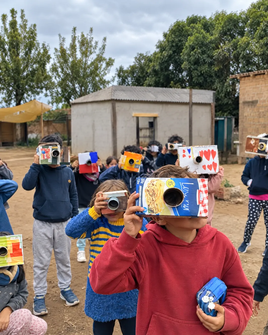 Niñas y niños con cámaras de cartón hechas por ellos en el patio